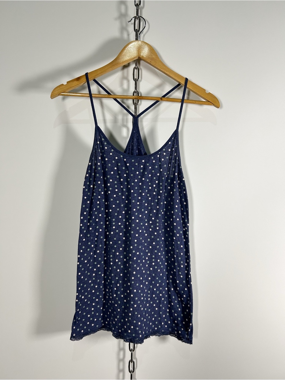 Y2K American Eagle Blue Polka Dot Tank with Lace Trim